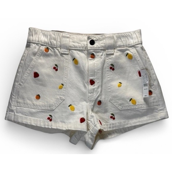 PacSun Pants - PacSun White Mini Fruit Citrus Berry Print Denim Shorts Women's Sz M Cottagecore